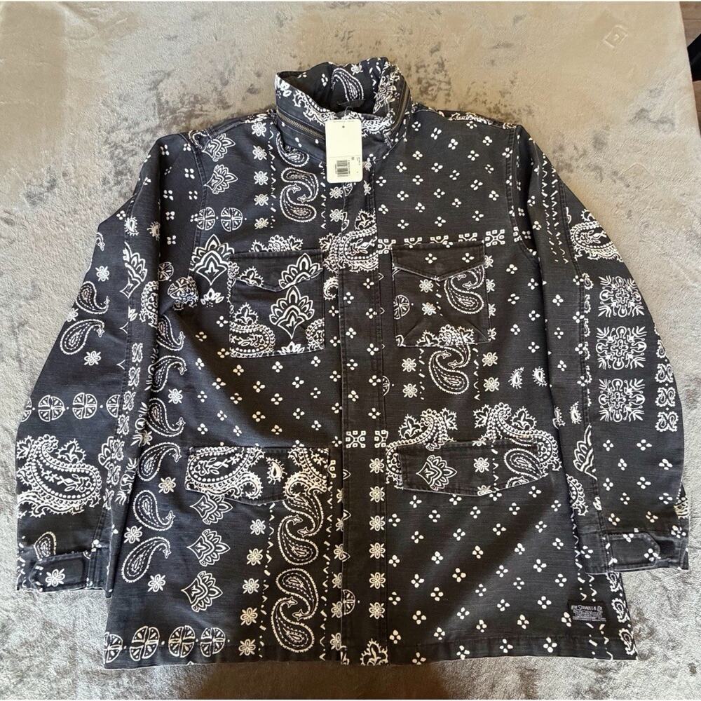Levi's Men's Black Paisley Print Mid-Length Jacket Size L, Pockets, Stand Collar